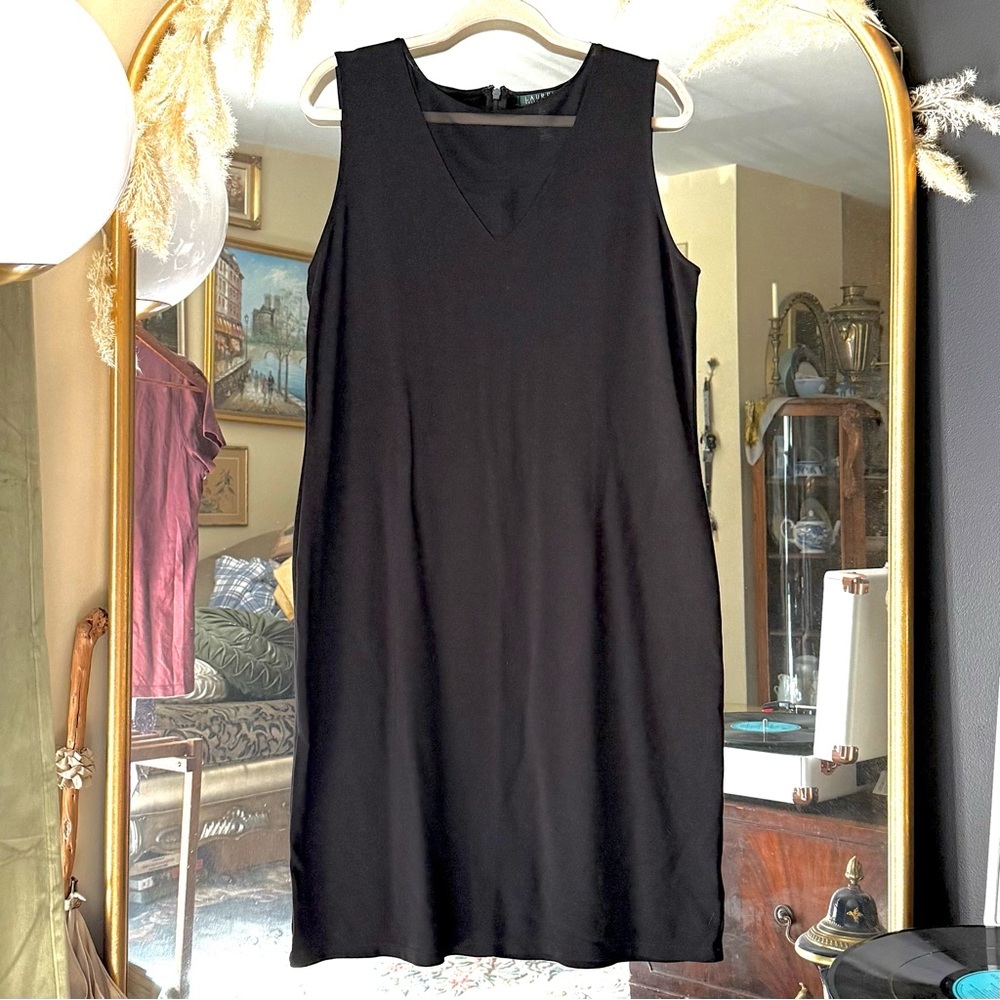 Lauren Ralph Lauren Black Midi Dress with Mesh V Neck Detail